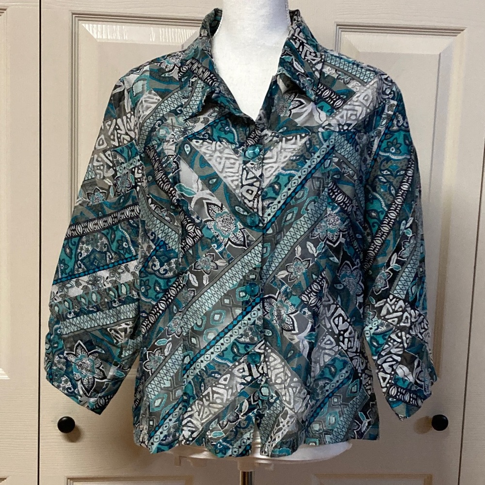Erin London Sheer Blue Patterned Button Up Blouse or Jacket Sz L